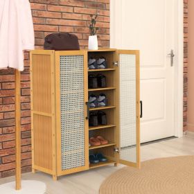 6-Tier Shoe Cabinet with Bamboo Shoe Rack Freestanding Shoe Organizer with 2 Hollow Doors and Handles 154lbs Max Load for Closet Hallway Living R