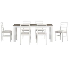 TREXM 7-Piece Wooden Dining Table Set Mutifunctional Extendable Table with 12" Leaf and 2 Drawers, 6 Dining Chairs with Soft Cushion (Brown + Whi